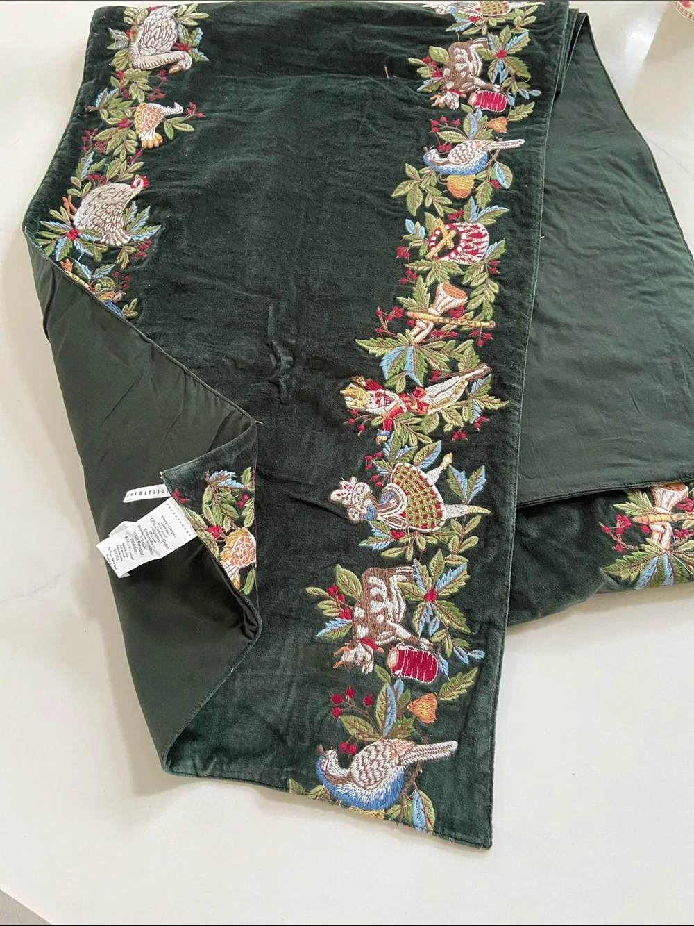 Embroidered Velvet Table Runner in Deep Forest Green.. pottery barn runner